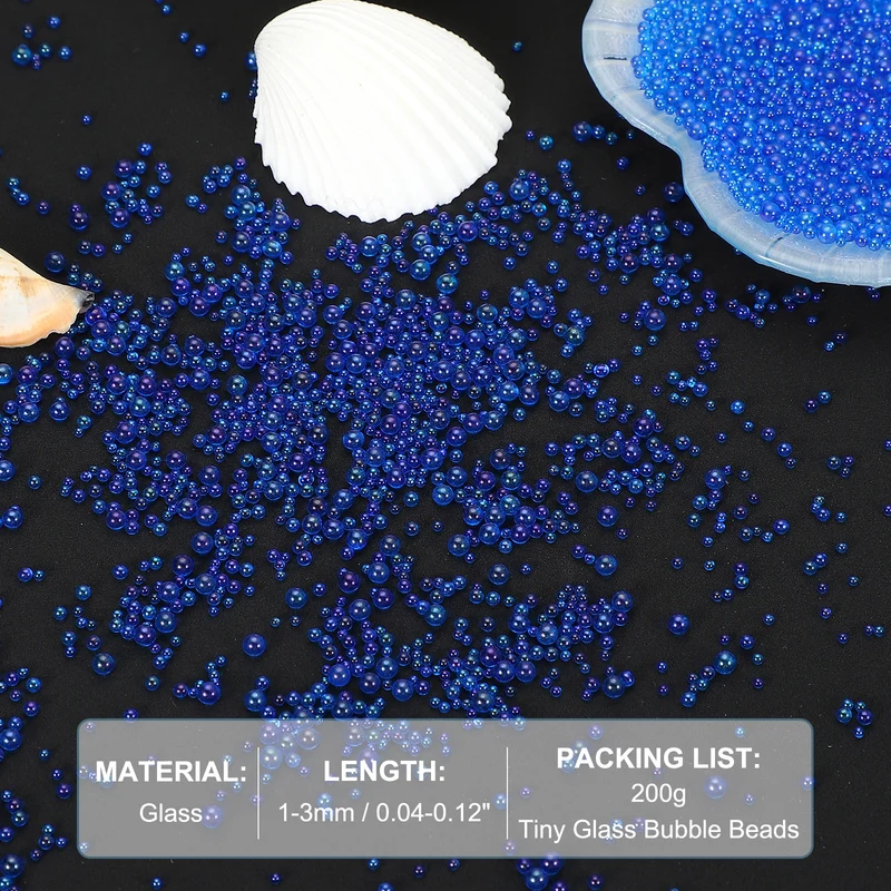 200g 1-3mm Glass Bubble Beads Iridescent No Hole Water Droplet Ball Blue