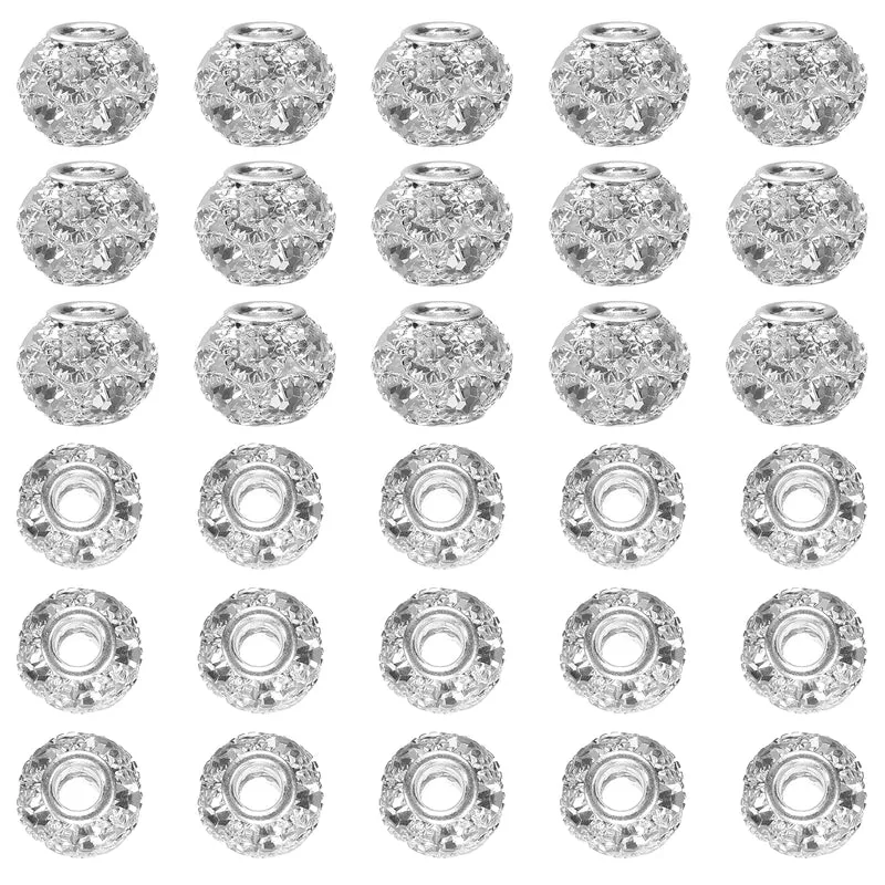 30Pcs Rhinestone Large Hole Beads 12mm Crystal Charm Spacer Beads Silver