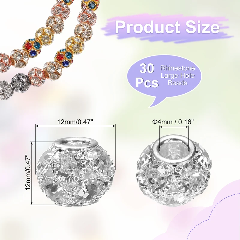 30Pcs Rhinestone Large Hole Beads 12mm Crystal Charm Spacer Beads Silver