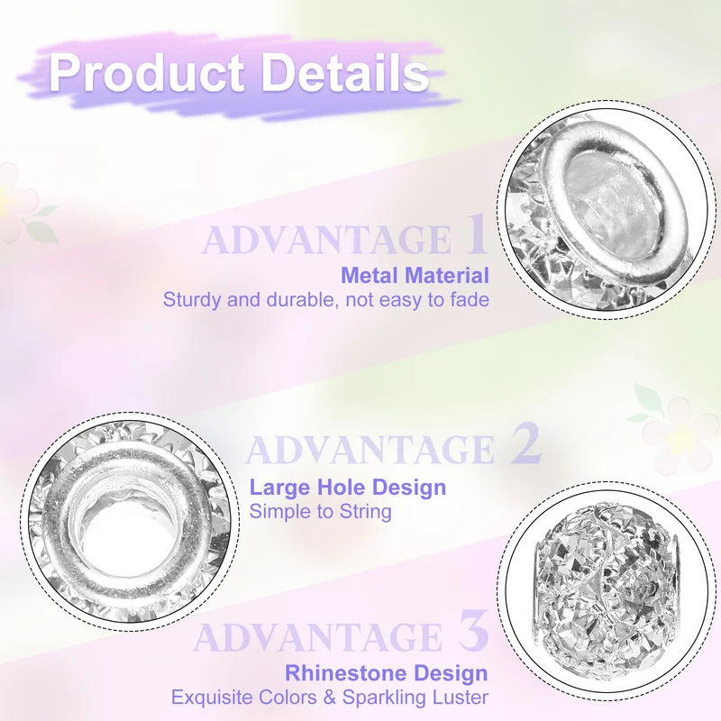 30Pcs Rhinestone Large Hole Beads 12mm Crystal Charm Spacer Beads Silver