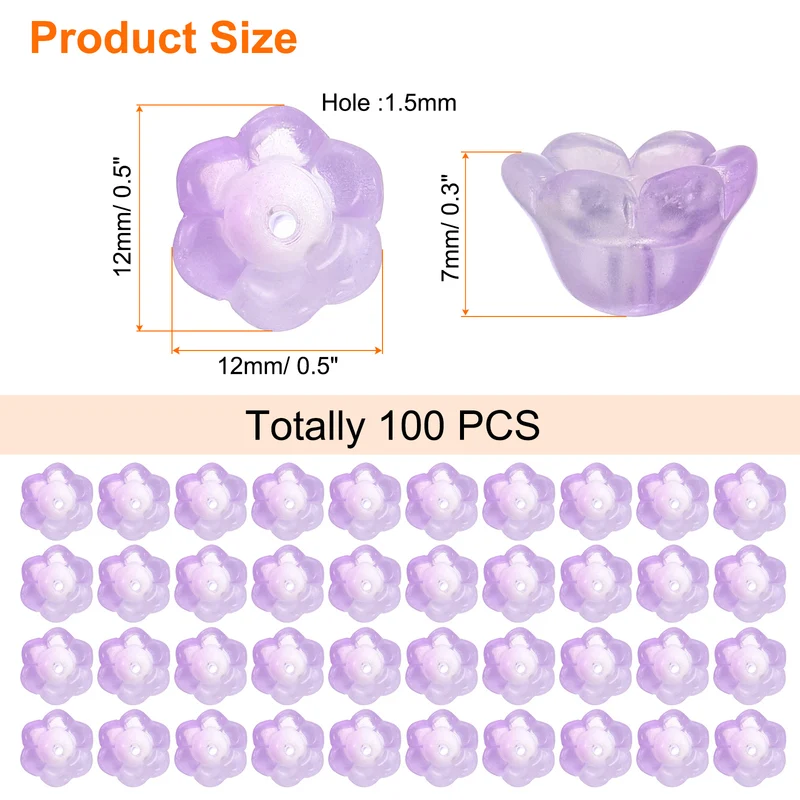 100Pcs Glass Flower Beads for Jewelry Making Loose Bead Charm Light Purple