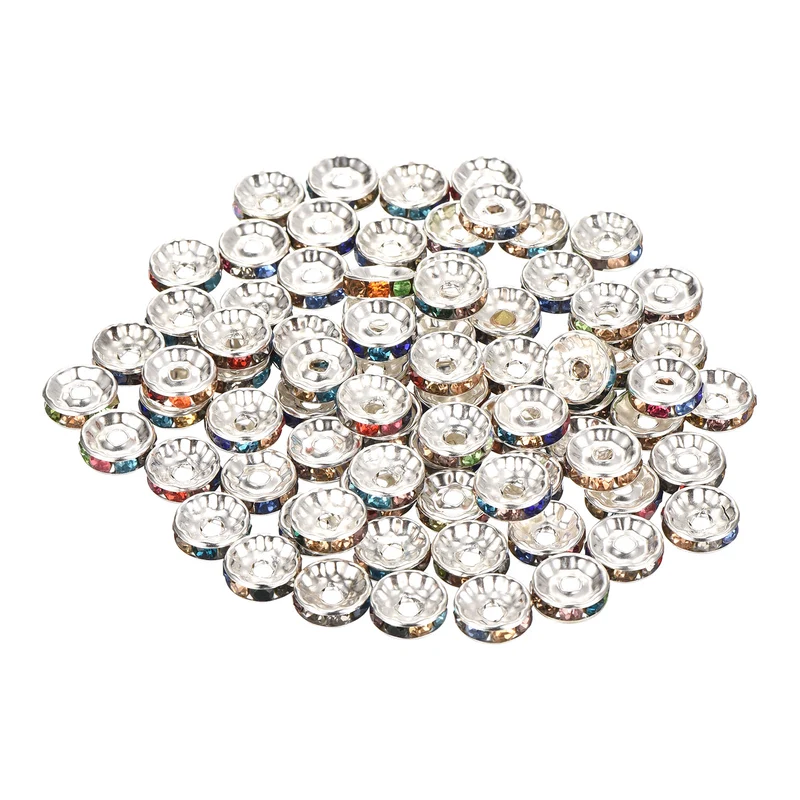 80Pcs 10mm Silver Plated Rhinestone Rondelle Spacer Beads, Mixed Color