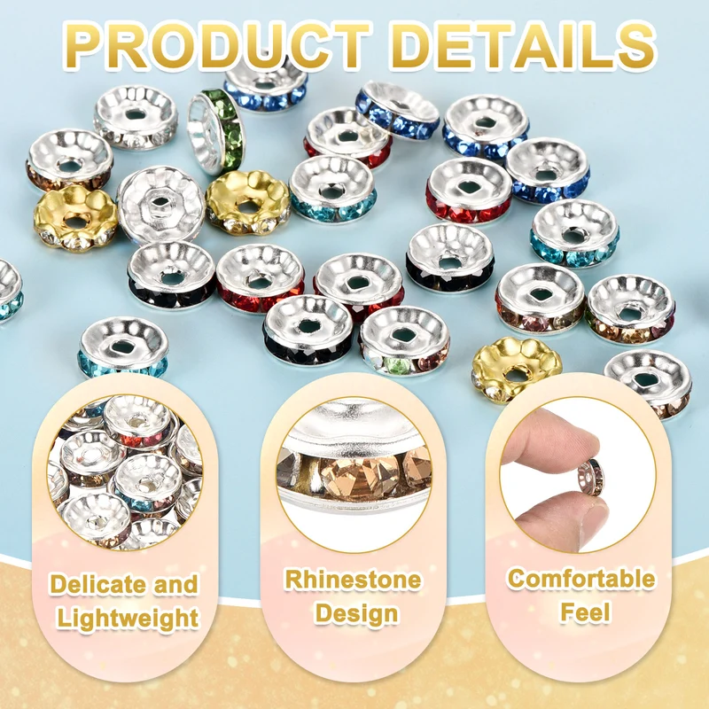 80Pcs 10mm Silver Plated Rhinestone Rondelle Spacer Beads, Mixed Color