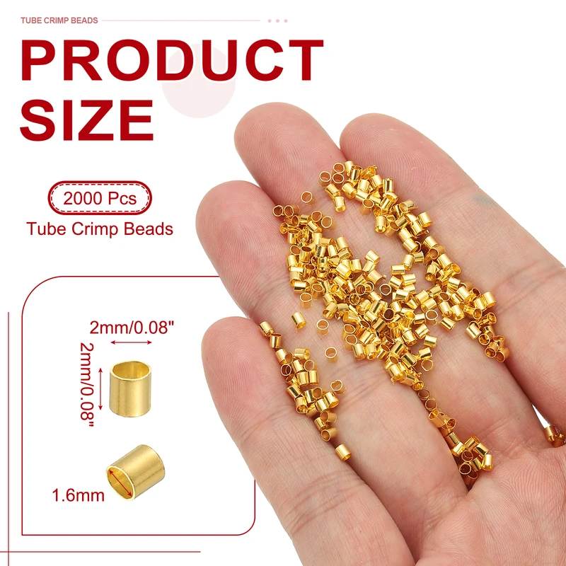 2000 Pcs Tube Crimp Beads, 2x2mm Crimp Beads for Jewelry Making, Gold