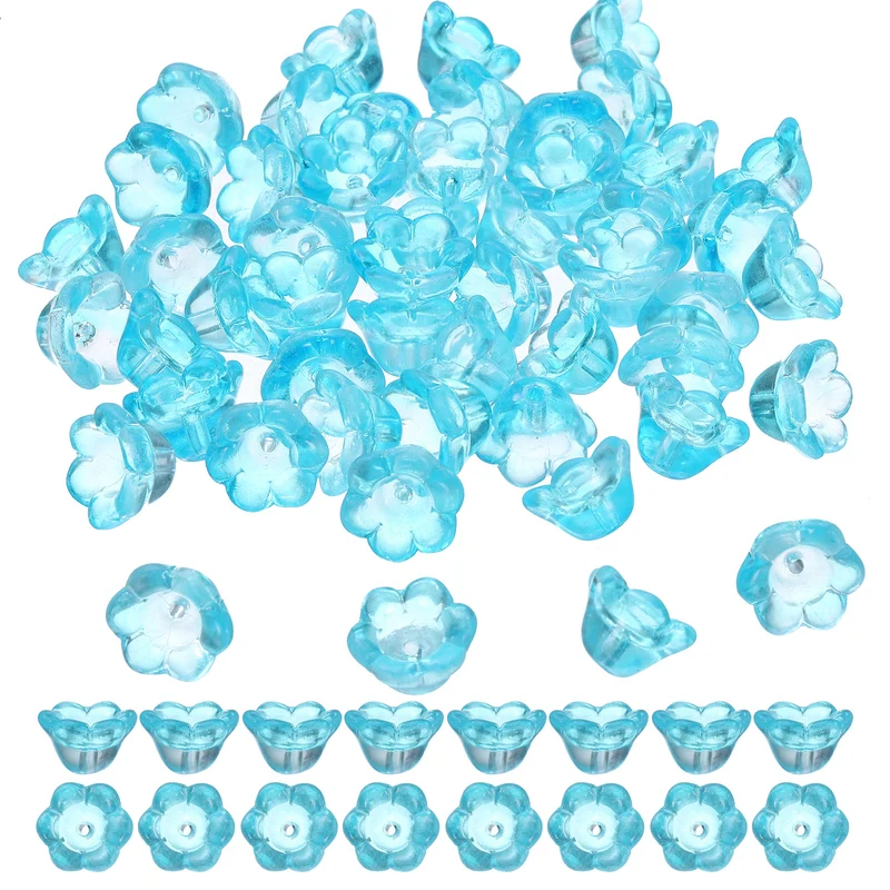 100 Pcs Glass Flower Beads for Jewelry Making Loose Bead Charm, Translucent Blue