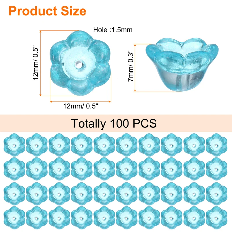 100 Pcs Glass Flower Beads for Jewelry Making Loose Bead Charm, Translucent Blue
