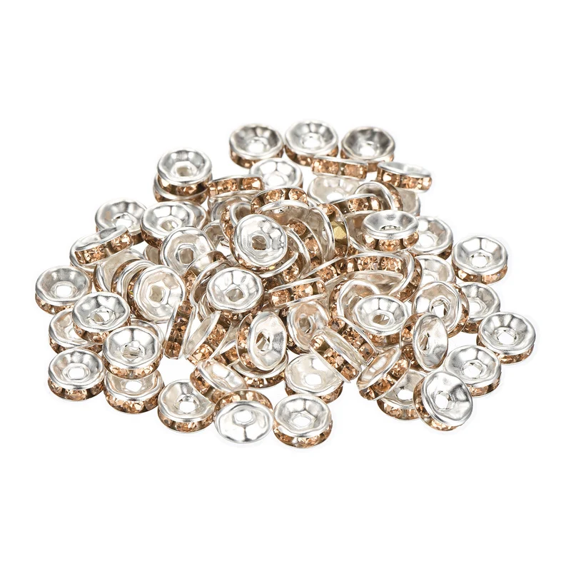 80Pcs 8mm Silver Plated Rhinestone Rondelle Spacer Beads, Champagne