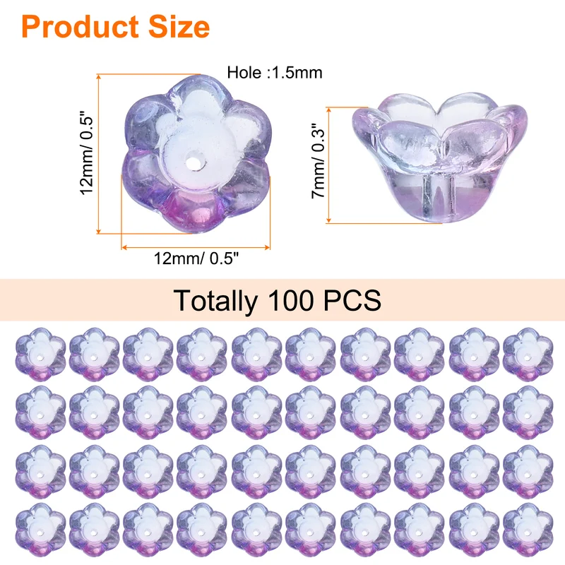 100Pcs Glass Flower Beads for Jewelry Making Loose Bead Charm Blue/Purple