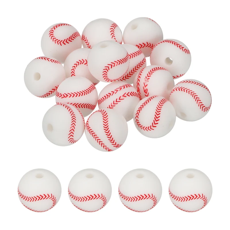 15Pcs Silicone Sports Beads 12mm Ball Shaped Beads White Baseball