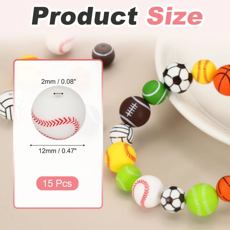 15Pcs Silicone Sports Beads 12mm Ball Shaped Beads White Baseball