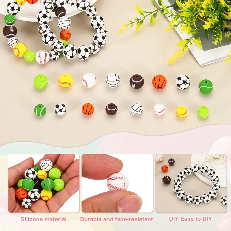 15Pcs Silicone Sports Beads 12mm Ball Shaped Beads White Baseball