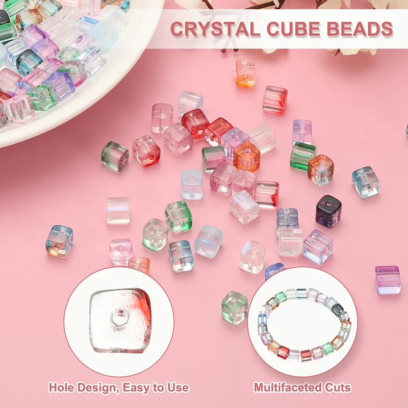 200 Pcs Crystal Cube Beads, 7mm Faceted Square Spacer Beads, White