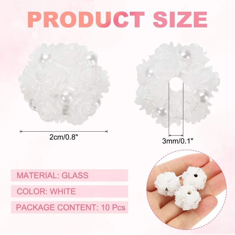 10 Pcs Rhinestone Focal Beads for Pens, 0.8" Glass Flower Beads, White