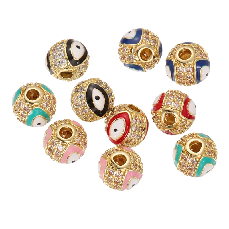 10 Pcs Micro Pave Cubic Zirconia Charm Beads Evil Eye Round Beads, 5 Colors