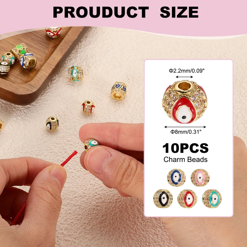 10 Pcs Micro Pave Cubic Zirconia Charm Beads Evil Eye Round Beads, 5 Colors