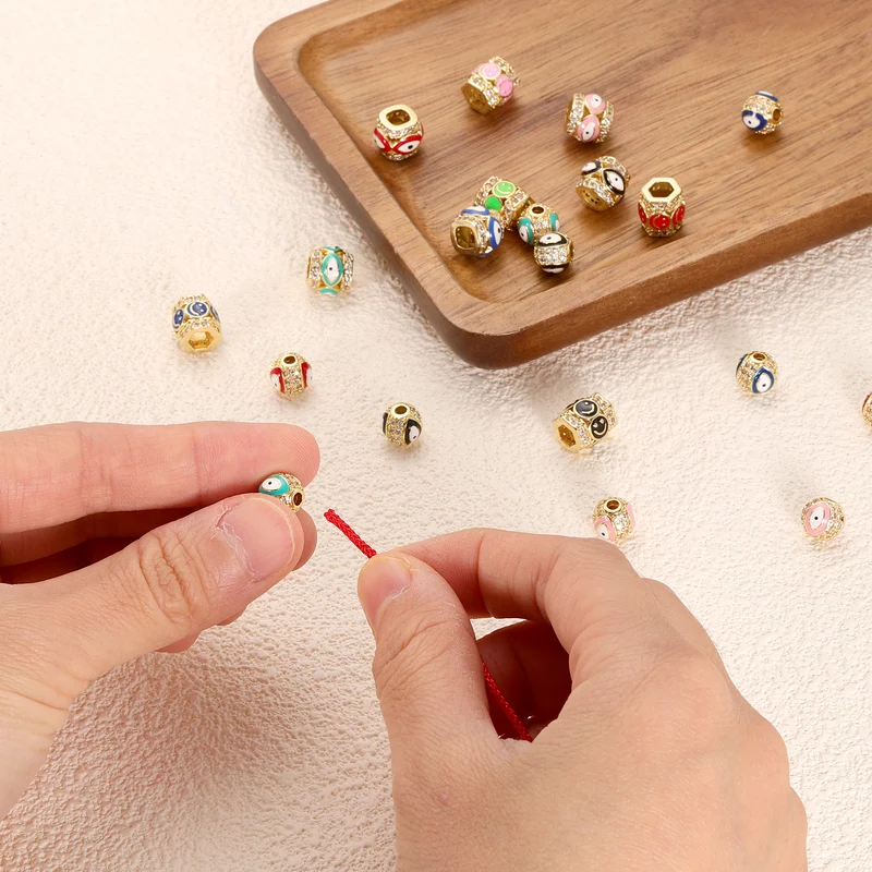 10 Pcs Micro Pave Cubic Zirconia Charm Beads Evil Eye Round Beads, 5 Colors