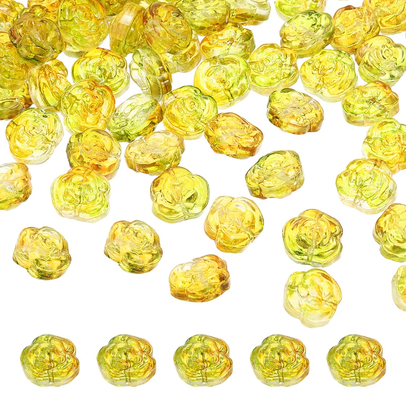 50Pcs Rose Beads 0.55" Glass Flower Rose Charm Yellow