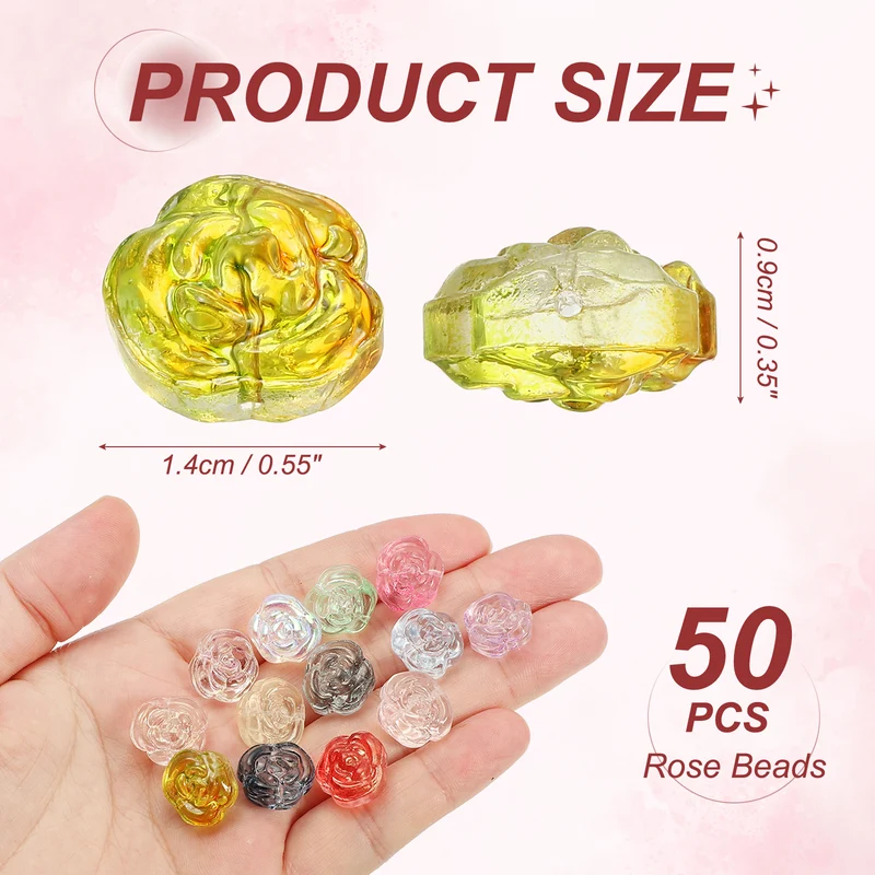 50Pcs Rose Beads 0.55" Glass Flower Rose Charm Yellow