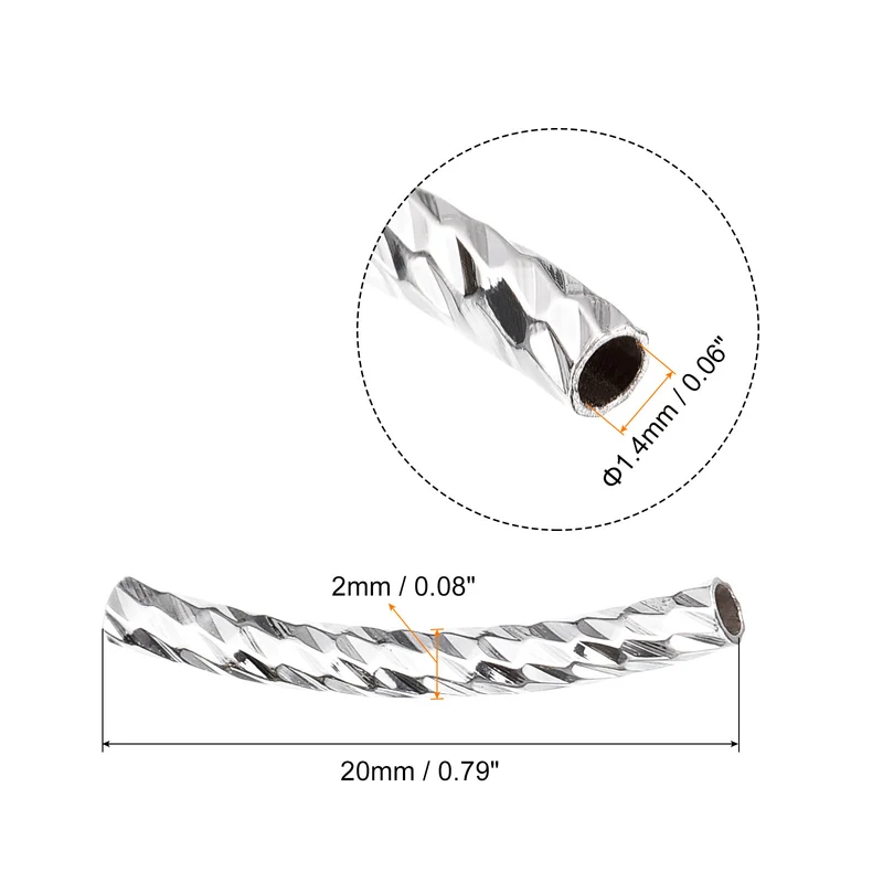 40Pcs Brass Curved Tube Beads 2x20mm Plating Noodles Spacer Bead Silver White