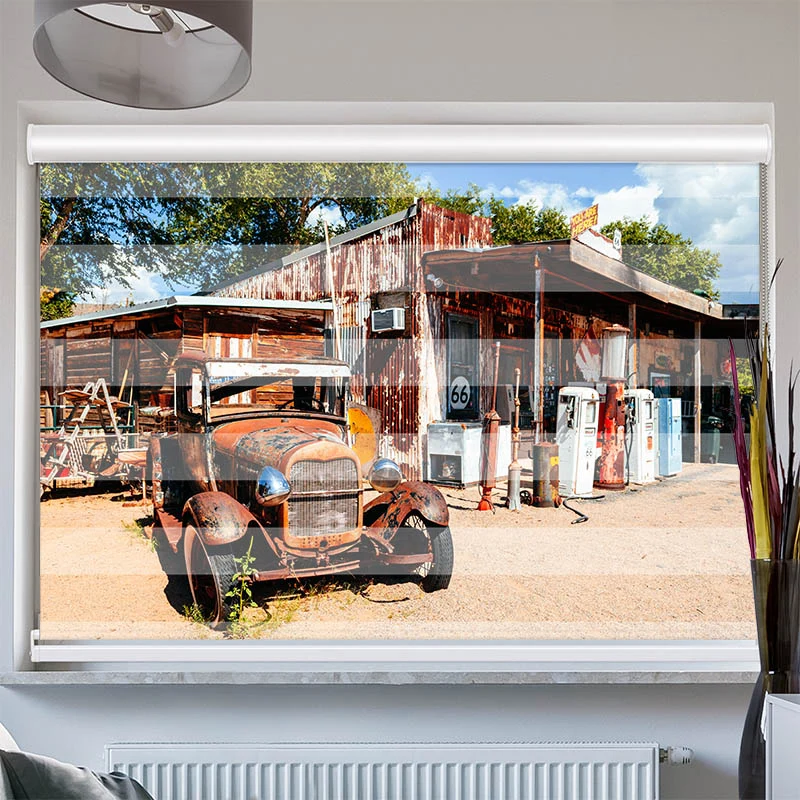 Doppelrollo mit Kassette "Verlassene Tankstelle an der Route 66"