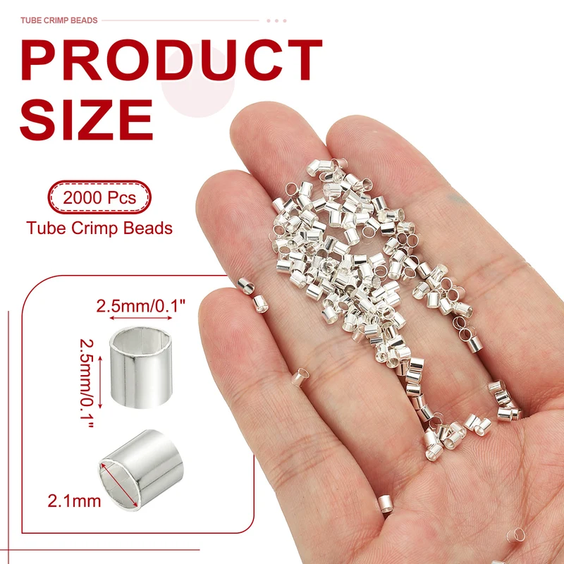 2000 Pcs Tube Crimp Beads, 2.5x2.5mm Crimp Beads for Jewelry Making, Silver