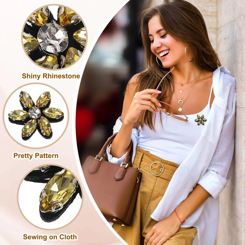 10Pcs Handmade Flower Beaded Patches Glass Crystal Appliques Yellow/Clear