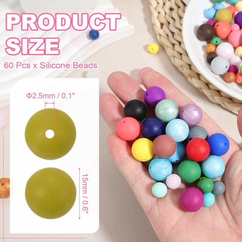 60 Pcs Silicone Beads, 15mm Bulk Beads for Keychain Making, Mustard Green