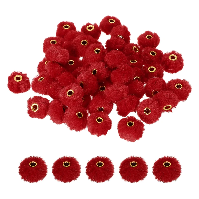 50Pcs Pom Pom Beads, Faux Fur Fuzzy Spacers Bead with 4mm Hole, Wine Red