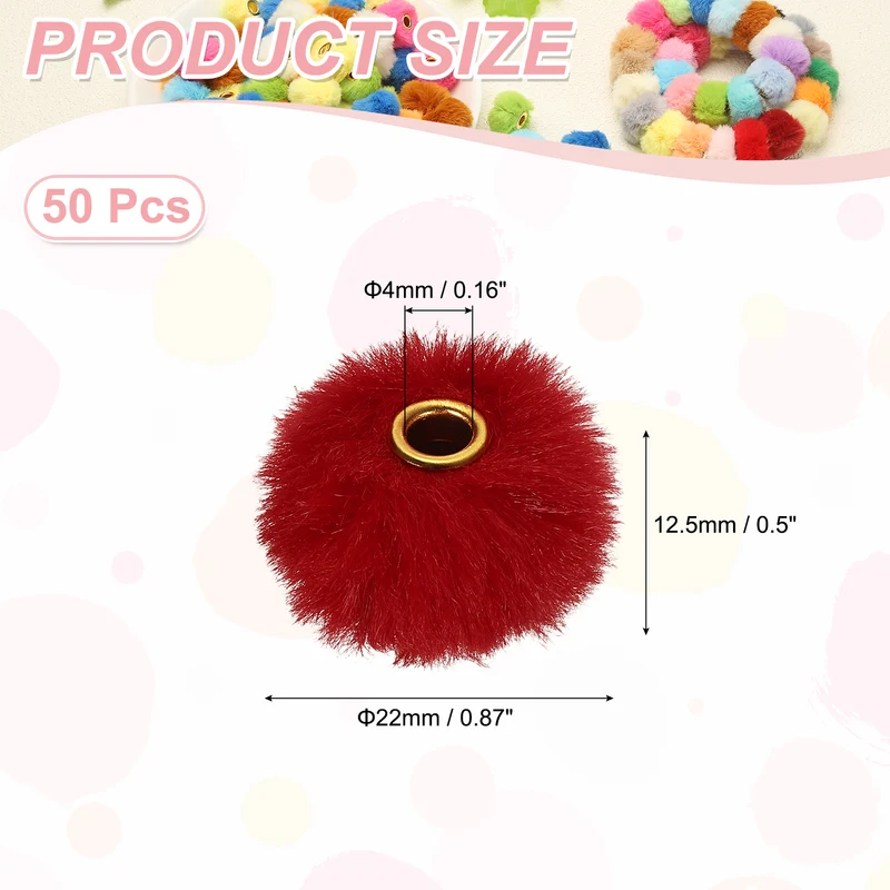 50Pcs Pom Pom Beads, Faux Fur Fuzzy Spacers Bead with 4mm Hole, Wine Red