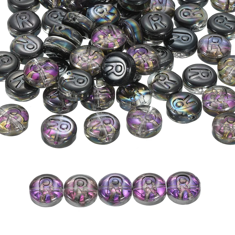 60Pcs Glass Letter Beads, 10mm R Initial Letter Spacer Beads, Black Purple
