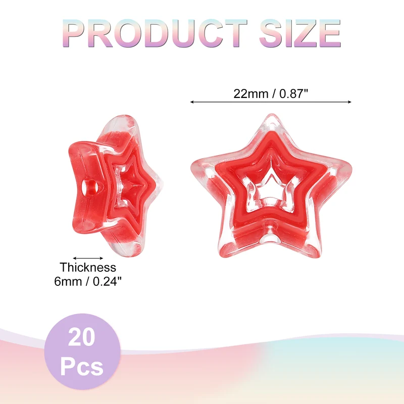20Pcs Hollow Star Shaped Beads, 22x6mm Acrylic Star Bulk Beads (Red)