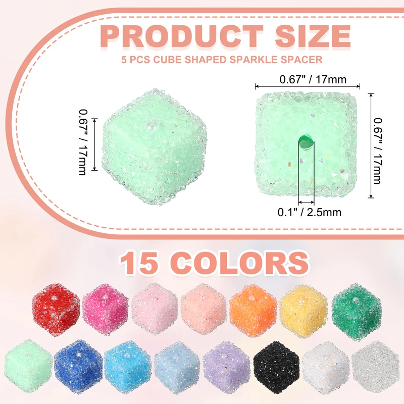5 Pcs Square Rhinestone Beads for Pens, 17mm Sugar Beads for DIY, Light Green