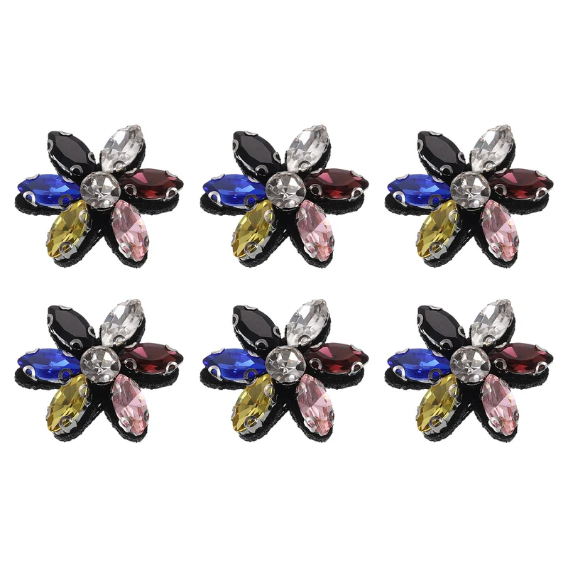 6Pcs Handmade Flower Beaded Patches, Glass Crystal Appliques, Multicolor