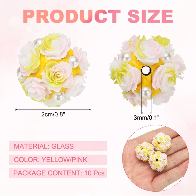 10 Pcs Rhinestone Focal Beads for Pens, 0.8" Glass Flower Beads, Yellow/Pink