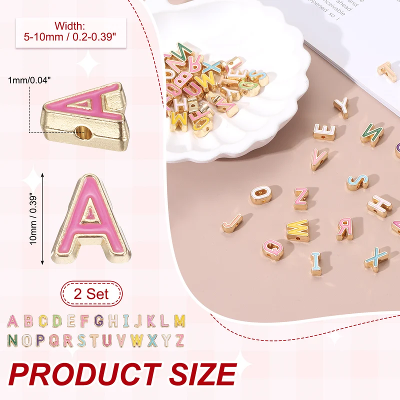 52Pcs A-Z Alphabet Letters Charm, Light Gold Plated Beads, Multicolor