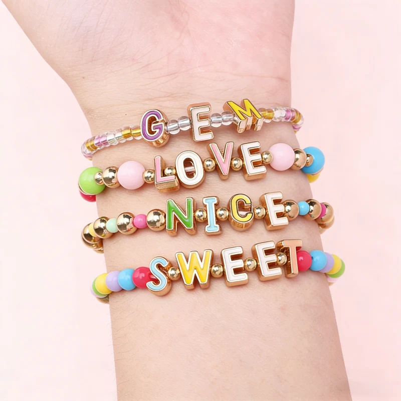 52Pcs A-Z Alphabet Letters Charm, Light Gold Plated Beads, Multicolor