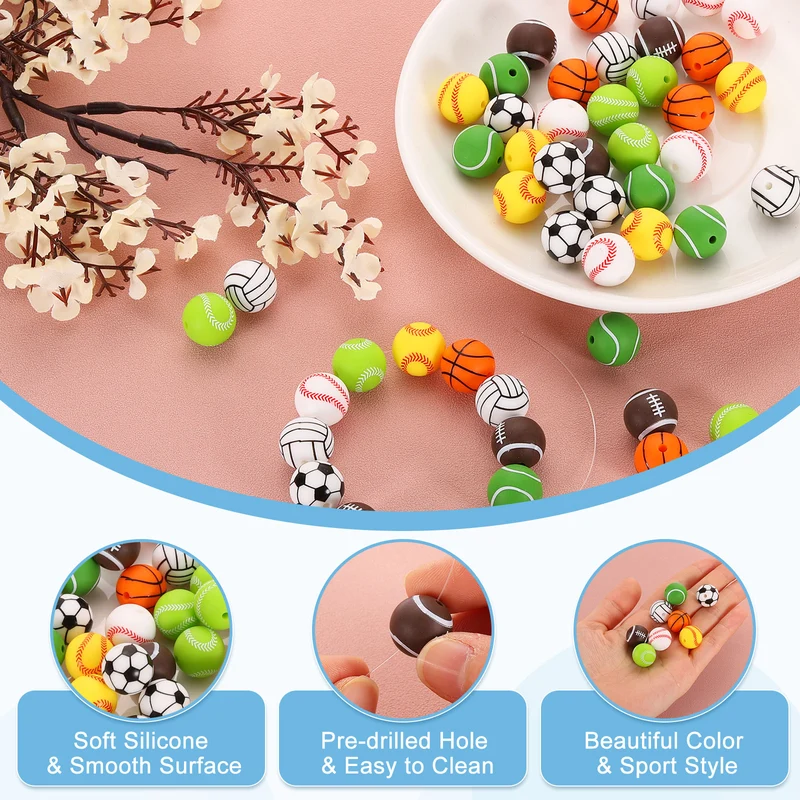 24Pcs Sports Ball Beads 15mm Silicone Round Spacer Focal Bead Rugby