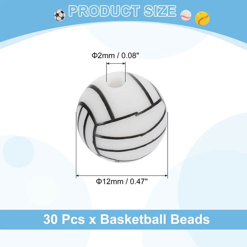 30Pcs Sports Ball Beads 12mm Silicone Round Spacer Focal Bead Volleyball