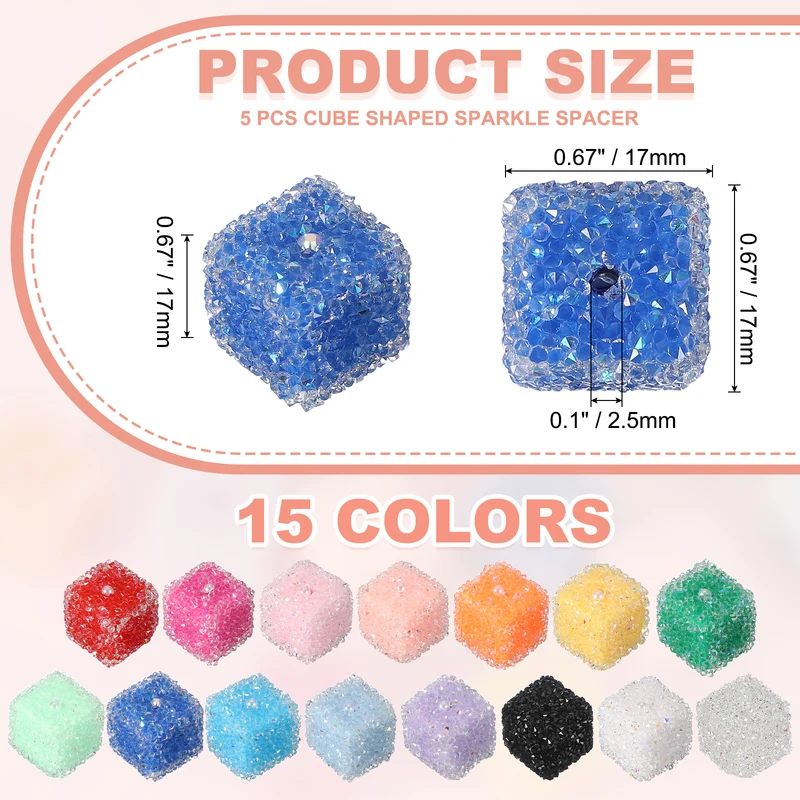 5 Pcs Square Rhinestone Beads for Pens, 17mm Sugar Beads for DIY, Sapphire Blue