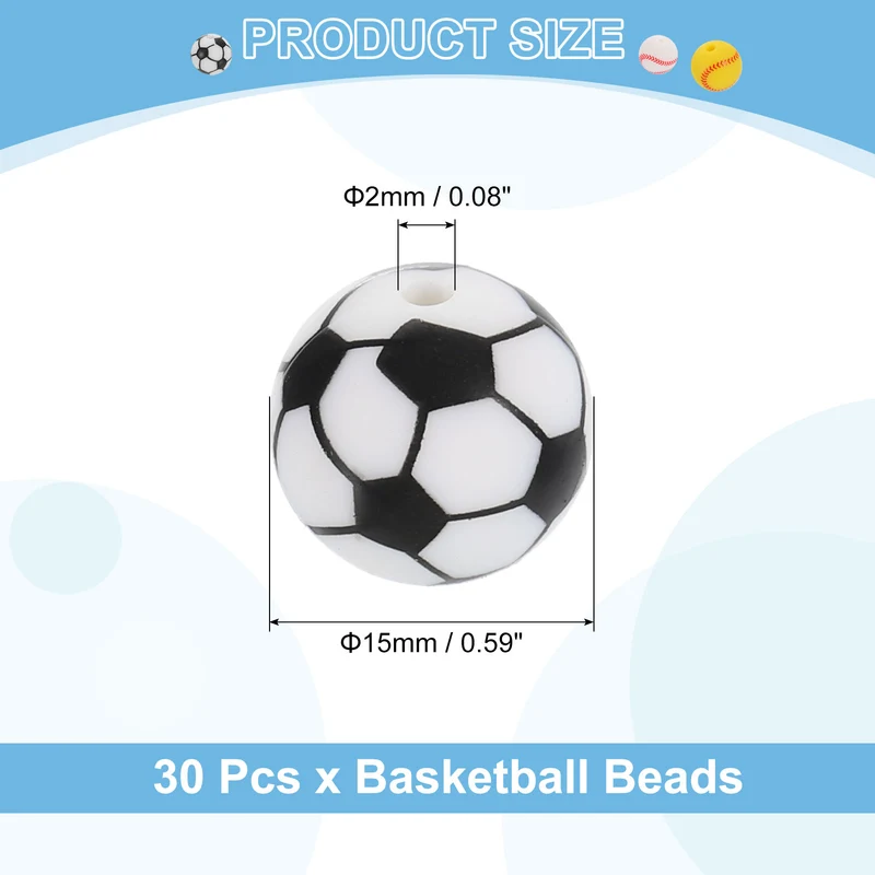 30Pcs Sports Ball Beads 15mm Silicone Round Spacer Focal Bead Soccer