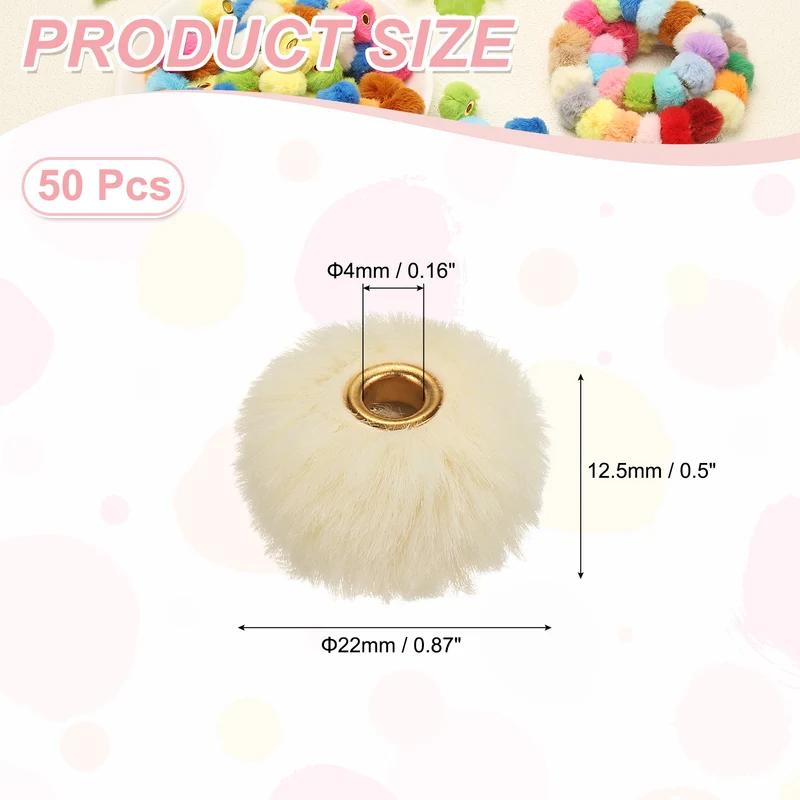 50Pcs Pom Pom Beads, Faux Fur Fuzzy Spacers Bead with 4mm Hole, Beige