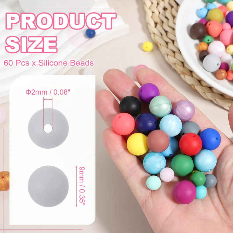 60 Pcs Silicone Beads, 9mm Bulk Beads for Keychain Making, Light Gray