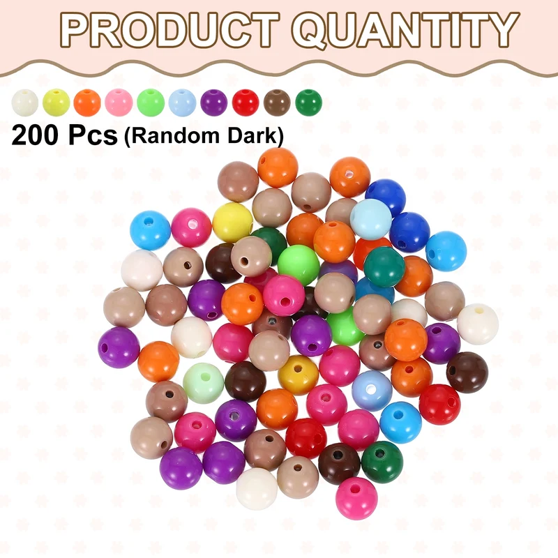 200pcs Random Dark Color Acrylic Round Beads 10mm Plastic Resin Loose Bead