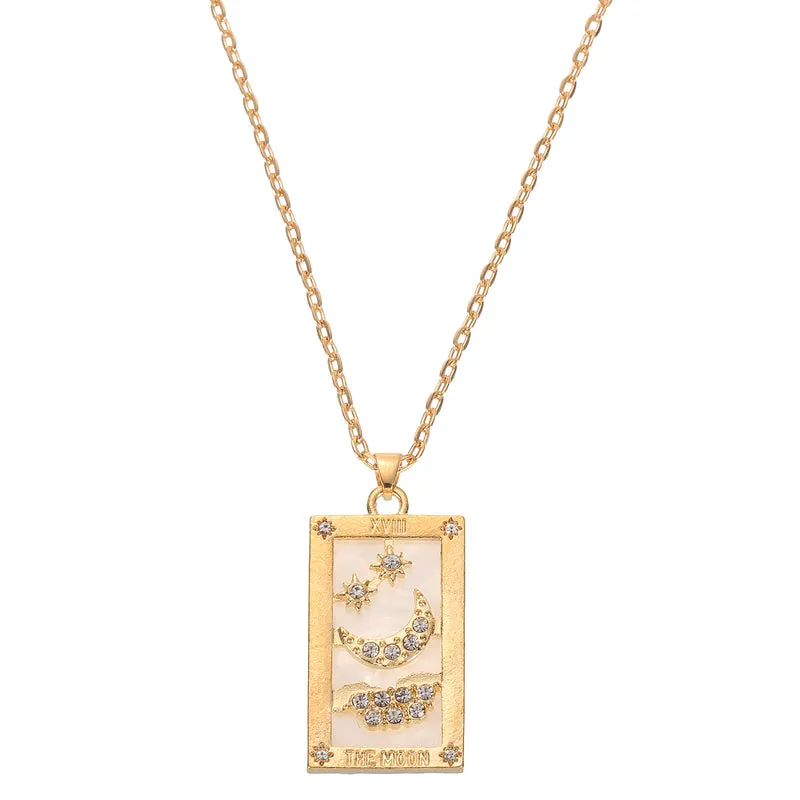 Tarot Card Necklace, Alloy Tarot Star Moon with Diamonds Necklaces, Gold