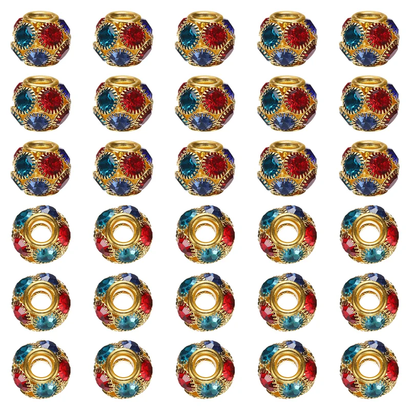 30Pcs Rhinestone Large Hole Beads, 14mm Crystal Charm Spacer Beads, Gold Colors