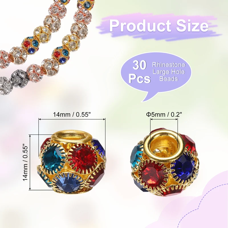 30Pcs Rhinestone Large Hole Beads, 14mm Crystal Charm Spacer Beads, Gold Colors