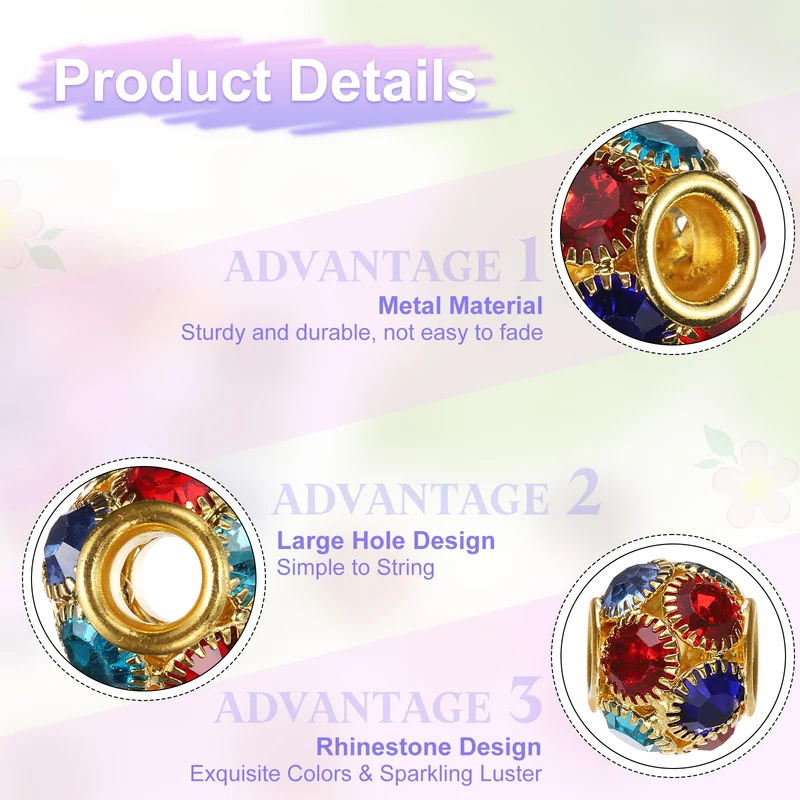 30Pcs Rhinestone Large Hole Beads, 14mm Crystal Charm Spacer Beads, Gold Colors