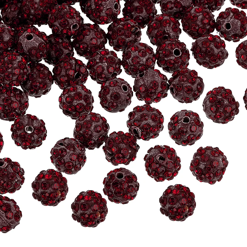100Pcs 8mm Rhinestone Clay Beads, Polymer Clay Crystal Bead (Deep Red)
