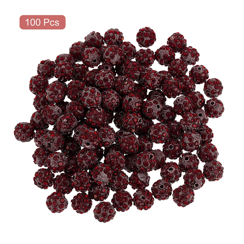 100Pcs 8mm Rhinestone Clay Beads, Polymer Clay Crystal Bead (Deep Red)