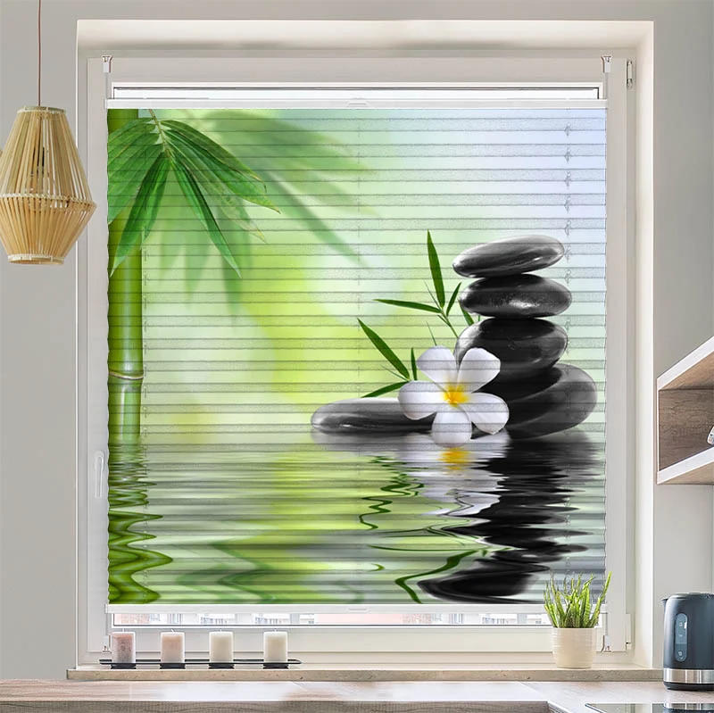 Plissee Motiv "Frangipani Bambus Steine"